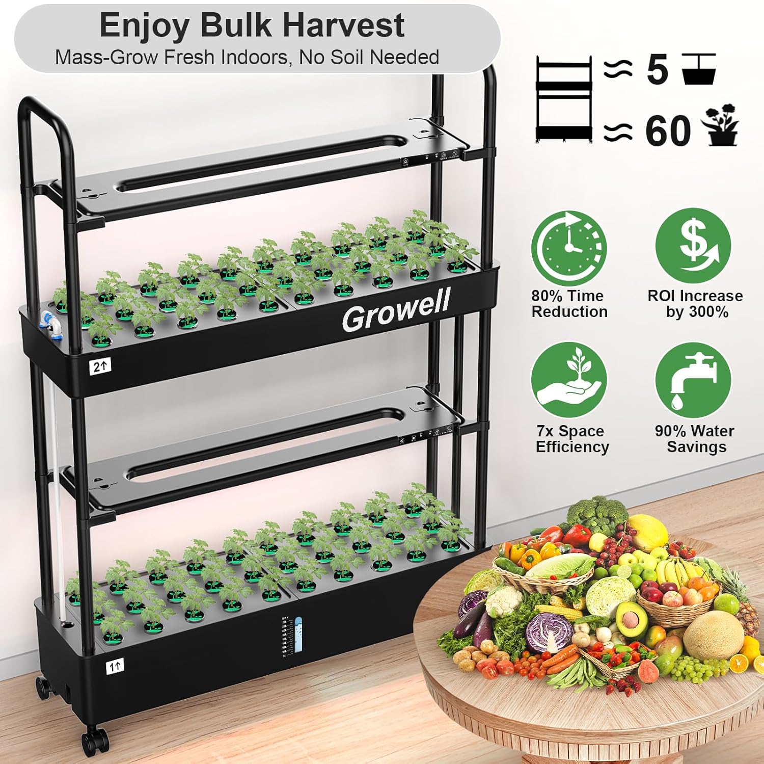 Growell Large Hydroponics Growing System Kit, 60 Pods Vertical Hydroponic Garden with 2 Light Modes Grow Light, Auto Circulating Water System, 32L Indoor Gardening System for Herb Vegetable Fruit