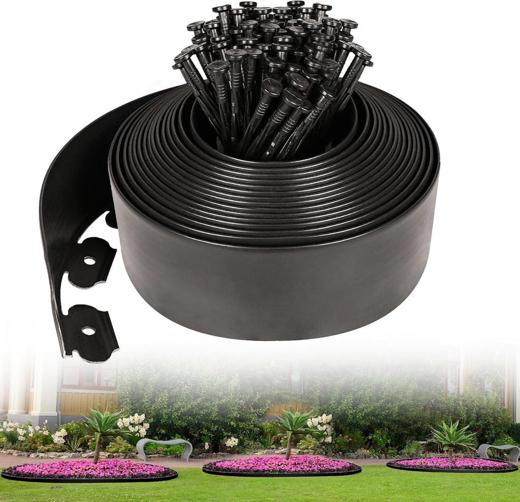 4 Inch Tall Garden Edging Border 33FT with 45pcs Spikes, Plastic Edging Border for Landscaping, Lawn, Garden, Flower Beds, Paver, Pathway