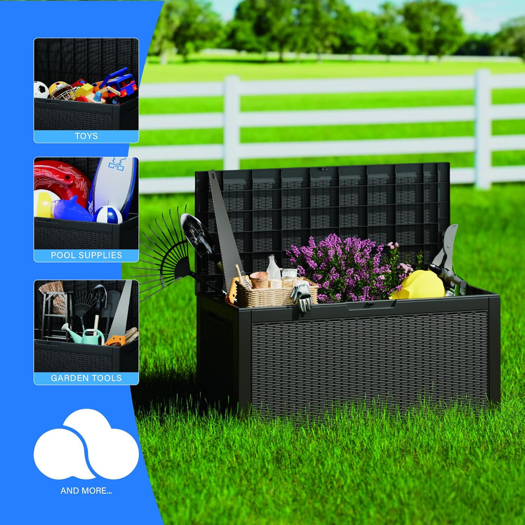 100 Gallon Deck Box, Resin Outdoor Indoor Waterproof Storage Box, Lockable Storage Box With Handle for Patio Furniture - Garden Tools - Swimming Pool Tools UV-Resistant, Black
