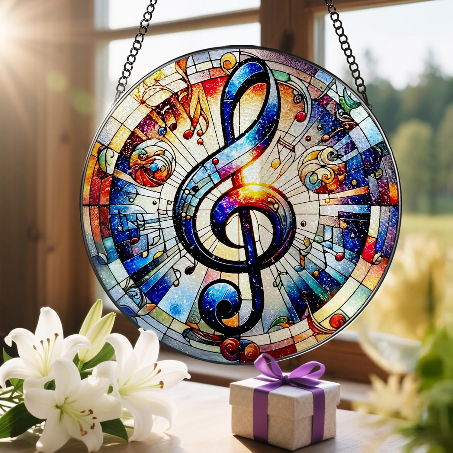 Stained Glass Window Hanging, LAOWEIKI 8'' Musical Note Suncatcher, Stained Glass Ornament, Suncatchers for Windows Hanging, Window Decor, Outdoor or Indoor, Gifts for Friends, Music Lover