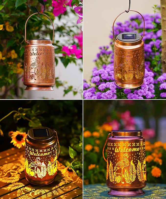 Nacome Flamingo Solar Lantern for Garden Decor: Waterproof Hanging Metal Decoration with LED Lights for Yard Lawn Porch Patio Landscape Pathway – Birthday Gifts for Mom Grandma Women