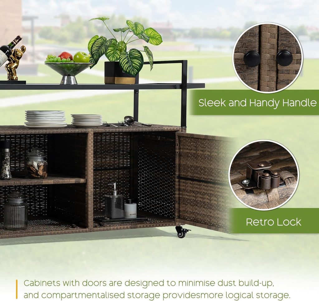 Wicker Outdoor Bar Cart - Brown Patio Console Storage Table Buffet Cabinet Serving Kitchen Cart with Wheels for Outside Backyard