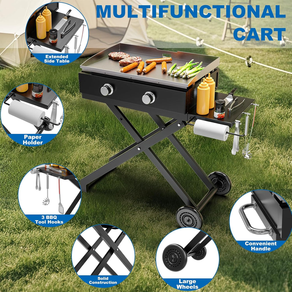Foldable Grill Cart Table for Blackstone 22 Inch 17 Inch Tabletop Griddle Accessories,Portable Collapsible Grill Stand for Backyard, Camping and Outdoor Cooking with Wheels Side Table Transport Handle
