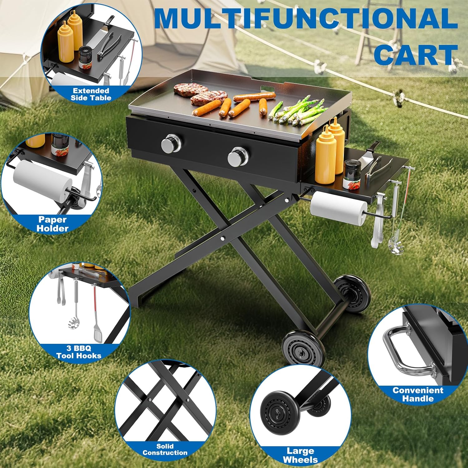 Foldable Grill Cart Table for Blackstone 22 Inch 17 Inch Tabletop Griddle Accessories,Portable Collapsible Grill Stand for Backyard, Camping and Outdoor Cooking with Wheels Side Table Transport Handle