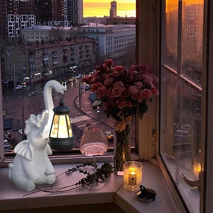 Statue Decoration, Figurine, Lawn Statue, Sculpture Ornament, Animal Figurine - Elephant Resin Statue with Lantern (Trunk)