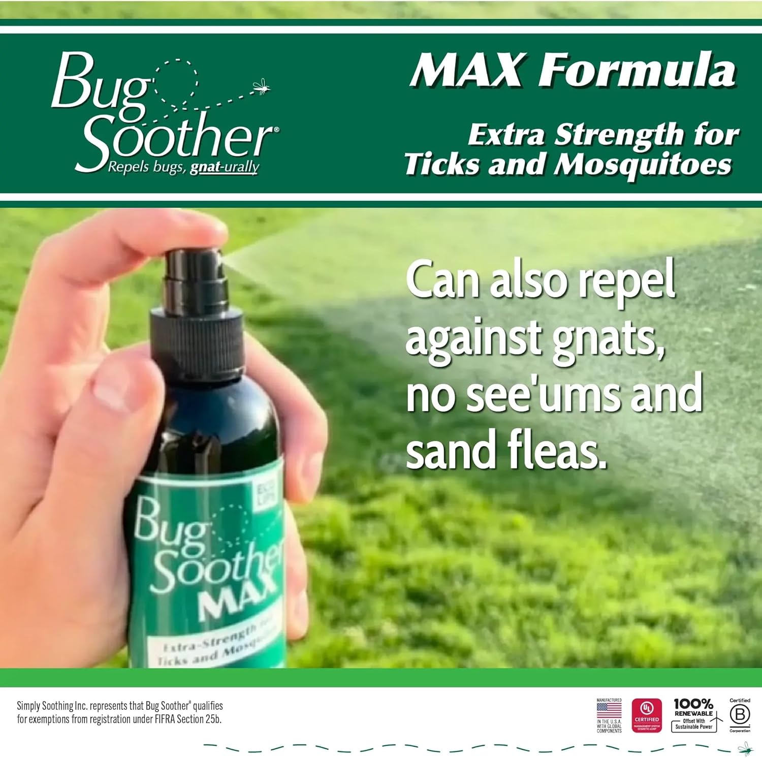 Bug Soother MAX - Extra Strength Natural Gnat, Tick, and Mosquito Repellent, 3 Pack 4 fl oz w/Free 1 oz. Bug Spray Deterrent - DEET Free - Safe for Adults & Environment - Made in USA