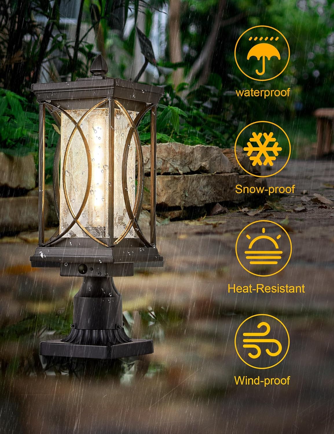 Motion Outdoor Post Lantern Dusk to Dawn Pillar Lamp with 3 Inch Pier Mount Adapter, Black Pole Light Aluminum with Crackle Glass Motion Outdoor Post Lights for Patio, Yard, Garden, Pathway
