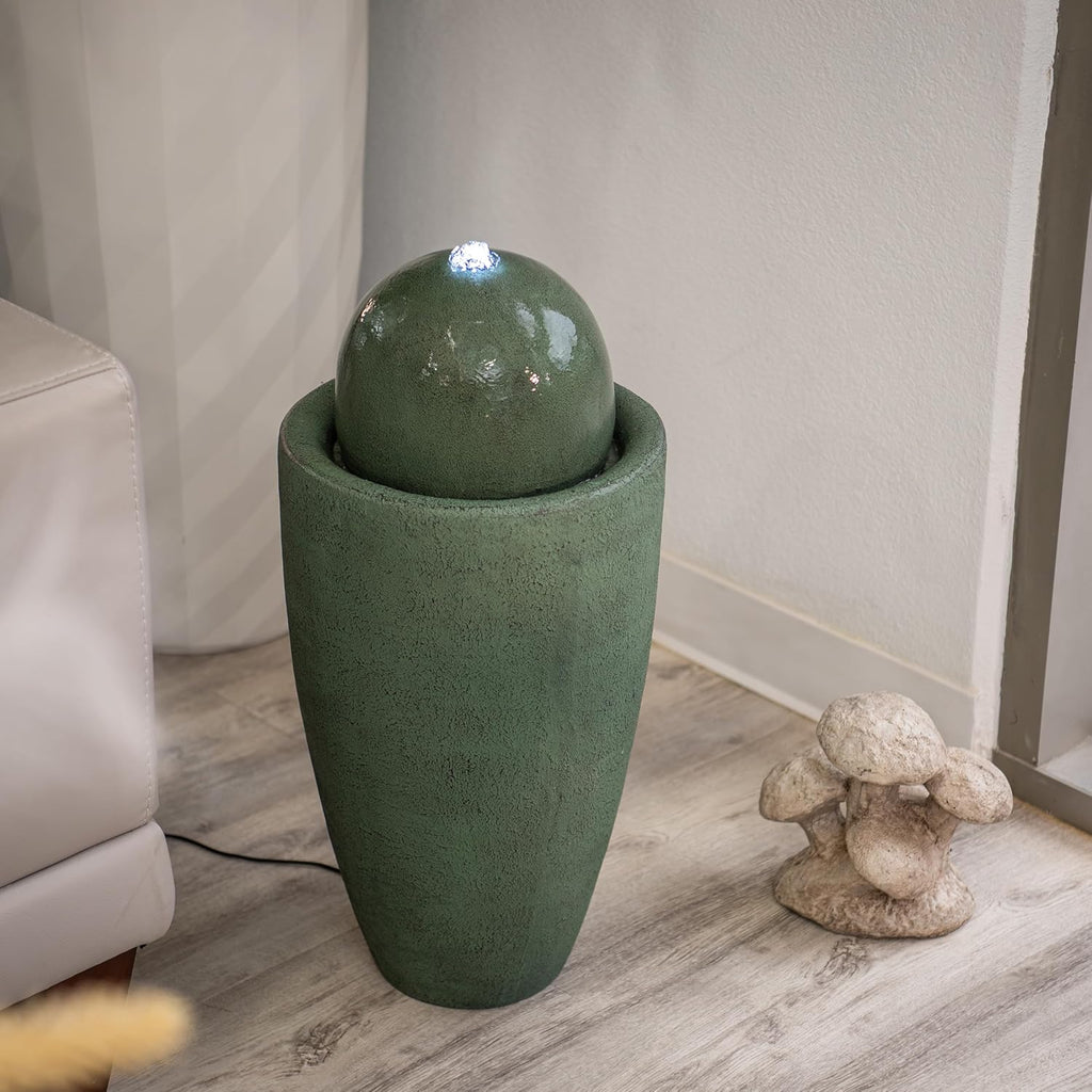 XBrand 25.98" H Round Stone Indoor/Outdoor Modern Stone Textured Sphere Water Fountain w/LED Lights, Ball Fountain Decor, Green