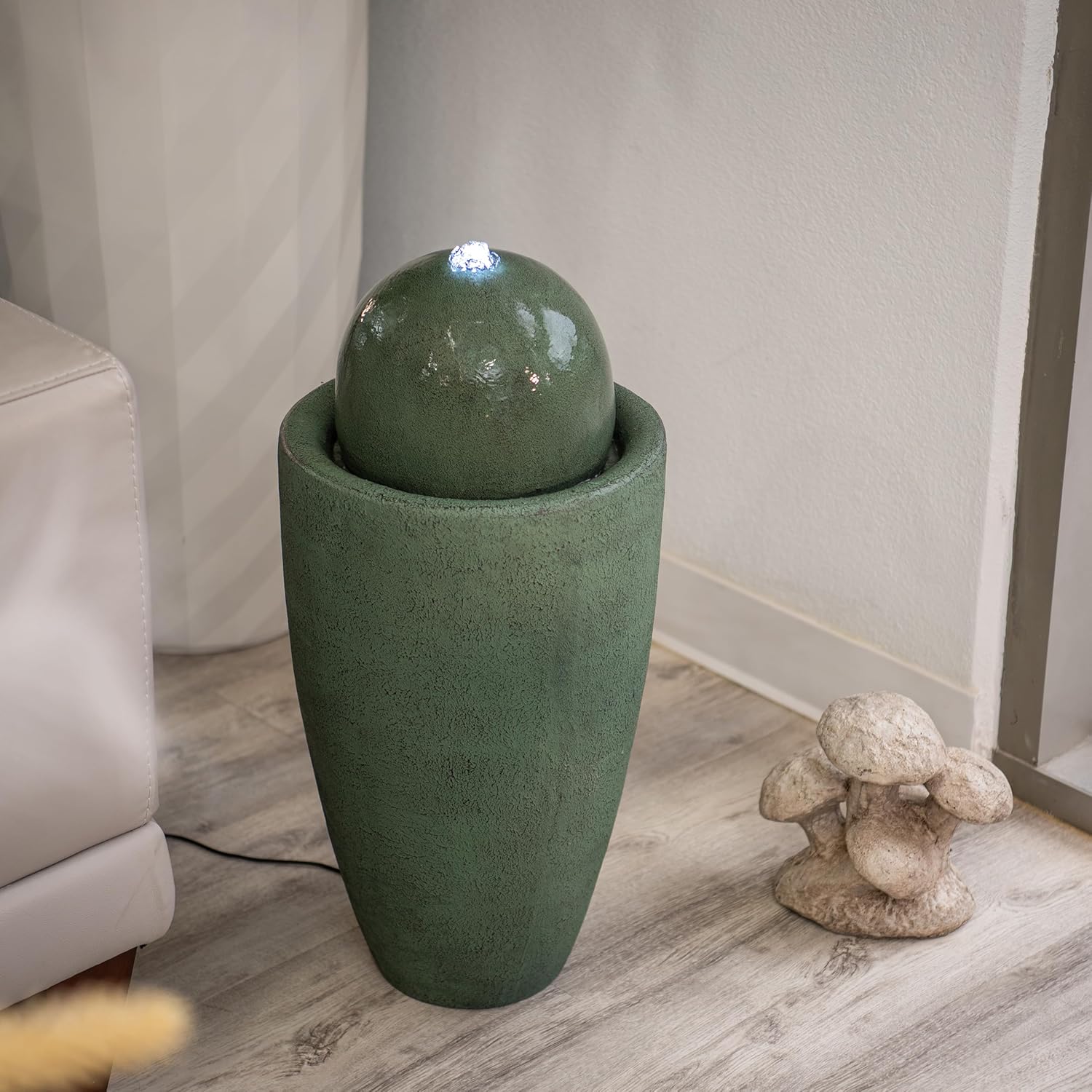 XBrand 25.98" H Round Stone Indoor/Outdoor Modern Stone Textured Sphere Water Fountain w/LED Lights, Ball Fountain Decor, Green