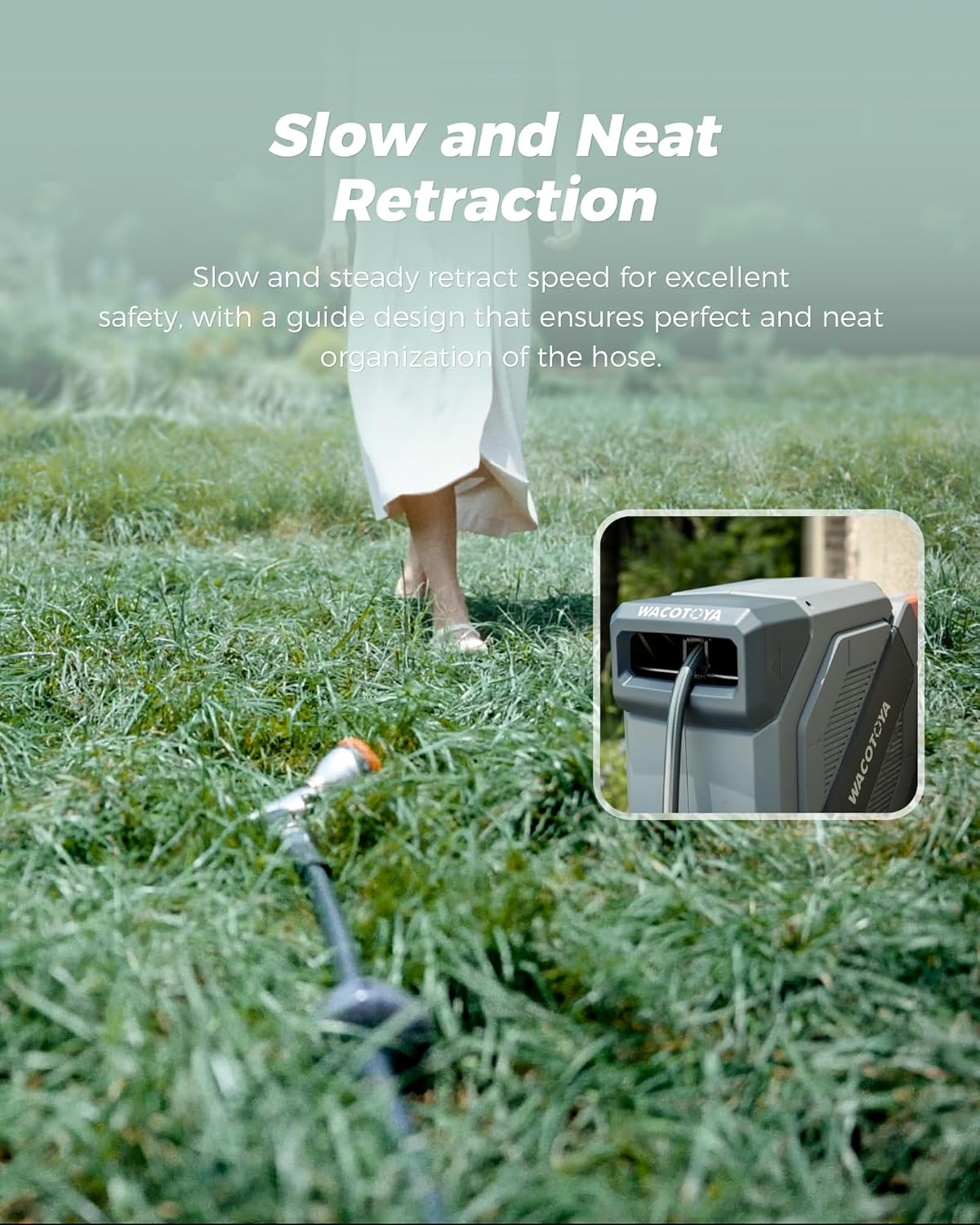 Retractable Garden Hose Reel 5/8 in x 100 ft Professional Metal Bracket & 9-Pattern Metal Nozzle UV Resistant Brass Fitting Heavy Duty Wall Mount Any Length Lock Slow Retraction 180° Swivel