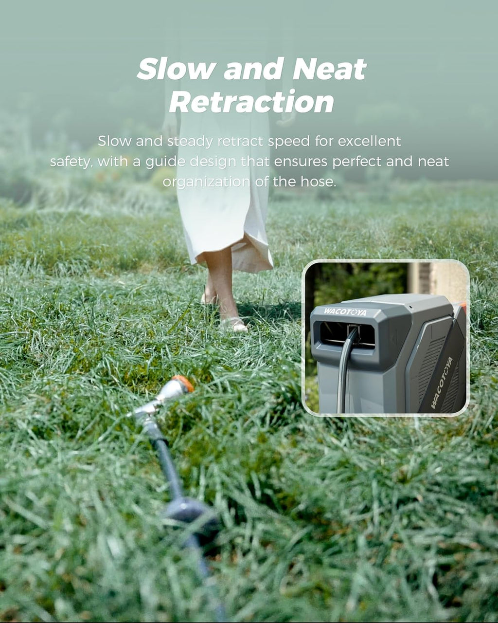 Retractable Garden Hose Reel 1/2 in x 175 ft Professional Metal Bracket & 9-Pattern Metal Nozzle UV Resistant Brass Fitting Heavy Duty Wall Mount Any Length Lock Slow Retraction 180° Swivel