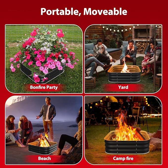 Fire Pit 48 Inch, Square Galvanized Steel Fire Pit for Outside, Heavy Duty Steel Fire Pit In-Ground for Backyard, Camping, Bonfire, Flower Raised Garden Bed for Garden, 11 Inch High