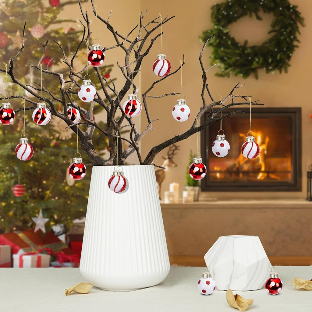Watayo 24 Pcs Christmas Candy Balls Glass Ornaments, 1" Mini Glass Candy Balls Hanging Ornament, Sweet Red White Candies Ball Ornaments for Christmas Tree Holiday Party Decoration