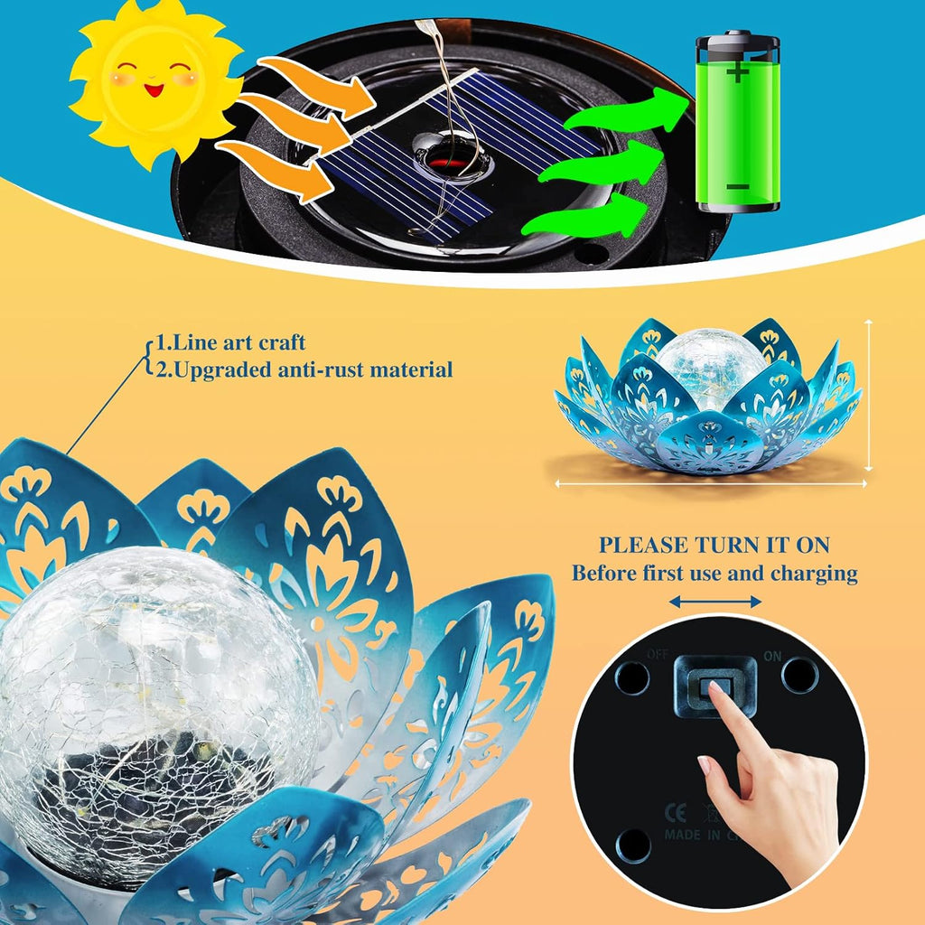 Huaxu Solar Lights Outdoor Decorative - Bright Blue Lotus Flower Table Lamp, Glass Globe 30 LED Waterproof Metal Decorations Gifts for Mom Women Garden Patio Pathway Yard Balcony Outside Decor