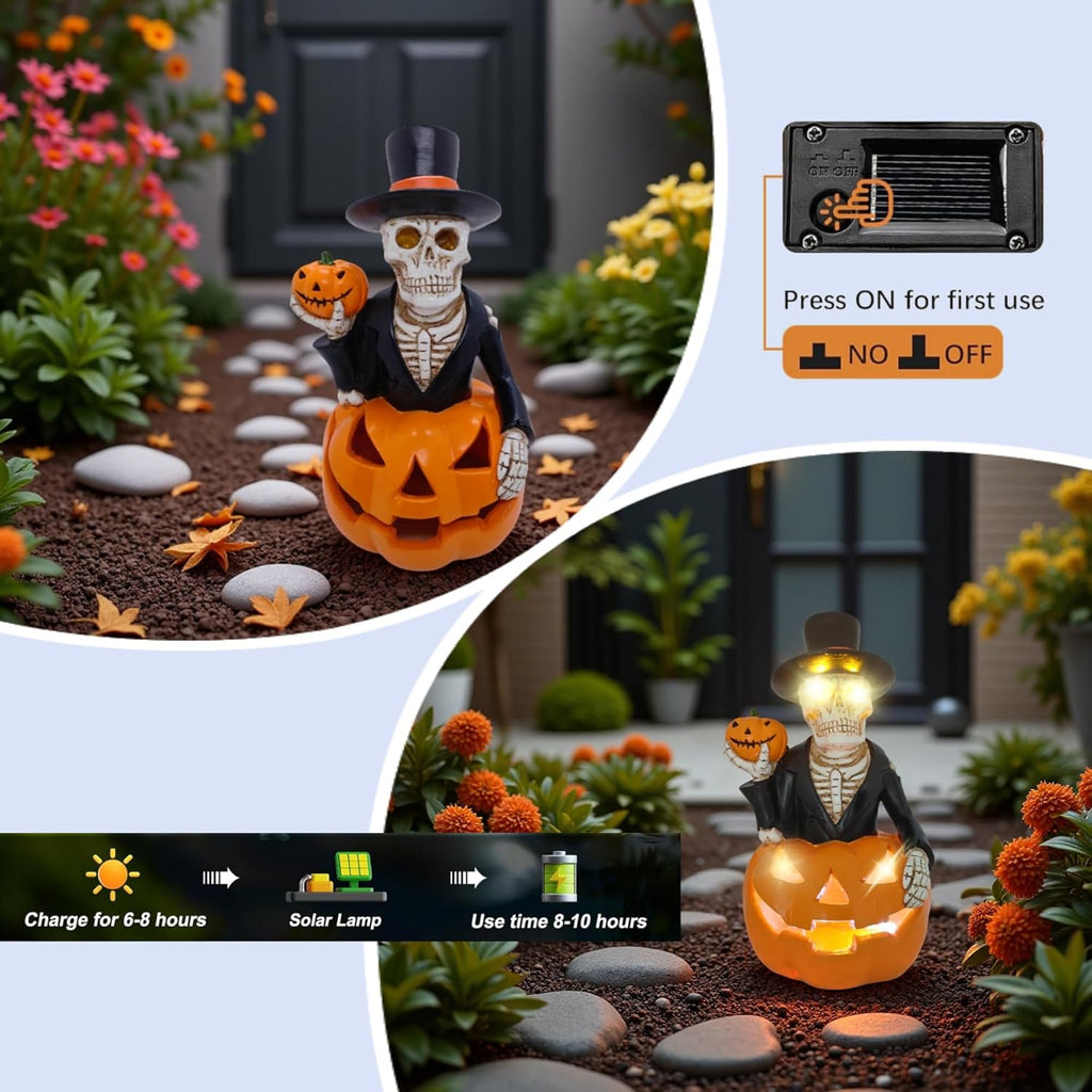 Halloween Decorations Solar Spooky Lights Outdoor Skull Pumpkin Figurine Light Garden Statue for Outside Patio Front Porch Yard, Led Fall Decor Jack-O-Lantern Home Decor Gifts (Orange-White Skull)