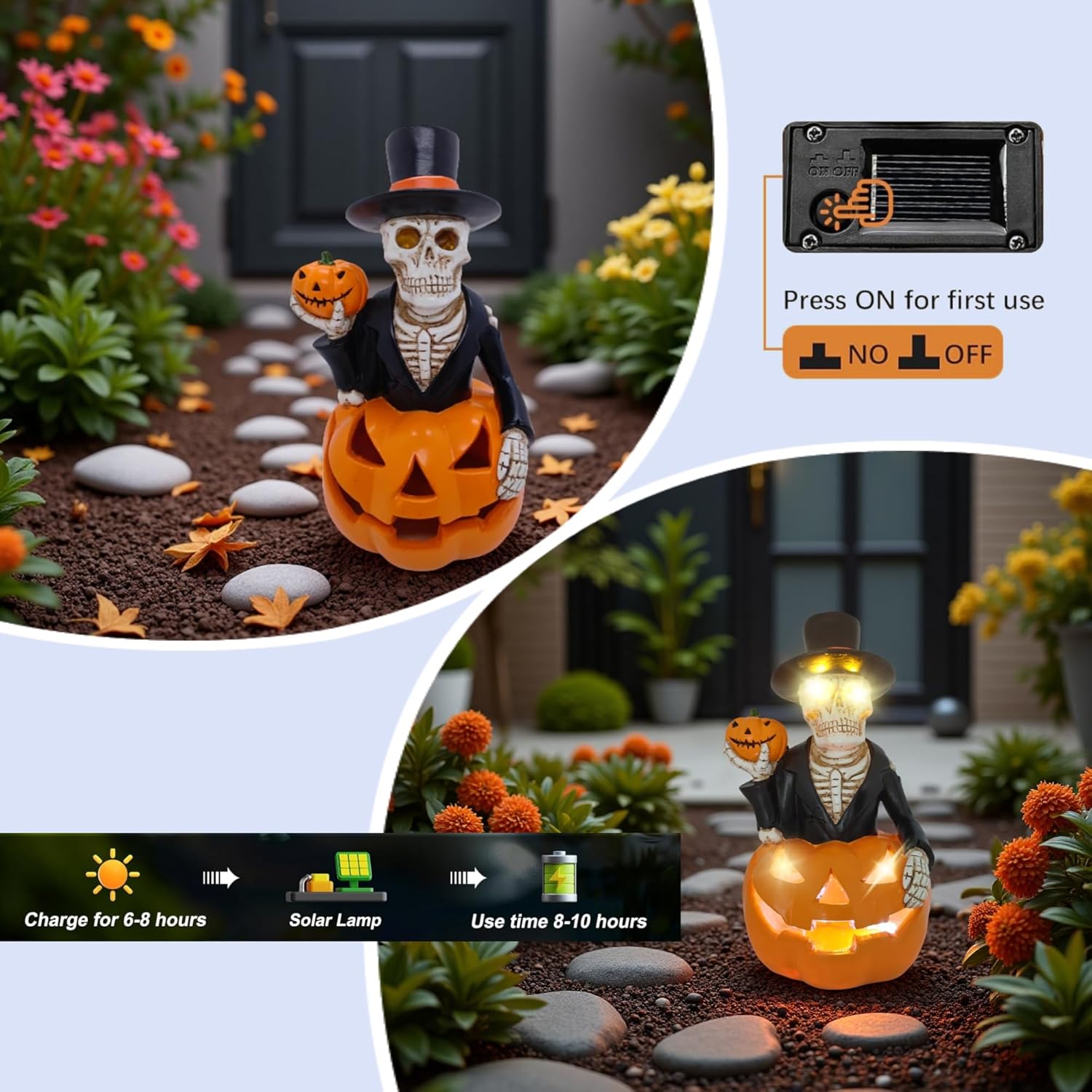 Halloween Decorations Solar Spooky Lights Outdoor Skull Pumpkin Figurine Light Garden Statue for Outside Patio Front Porch Yard, Led Fall Decor Jack-O-Lantern Home Decor Gifts (Orange-White Skull)