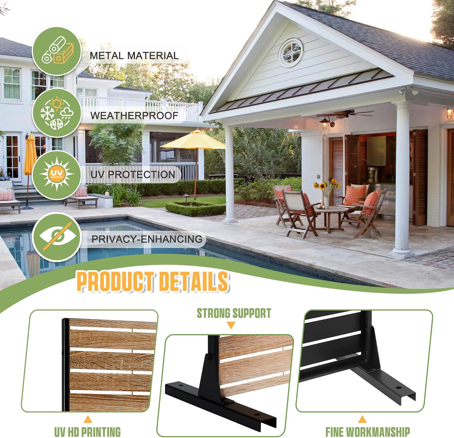 Metal Privacy Screen Outdoor 72" H×47" W,Freestanding Decorative Privacy Screen for Balcony Yard&Garden,Privacy Fence-Wooden Color