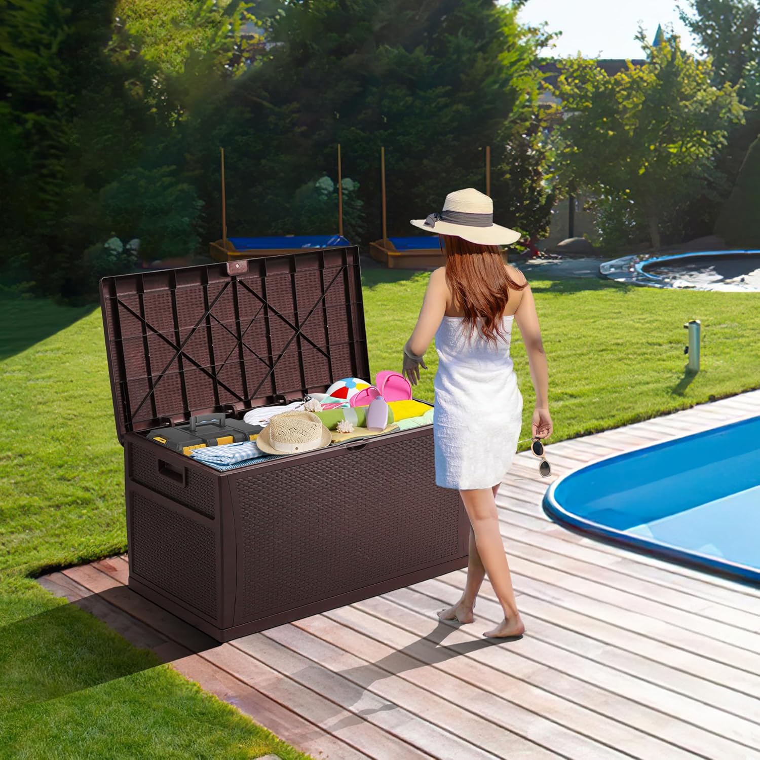 125 Gallon Resin Deck Box, Weatherproof Outdoor Storage Box for Patio, Garden, Pool, and Yard, Lockable Waterproof Bin for Tools, Cushions, and Accessories, Brown