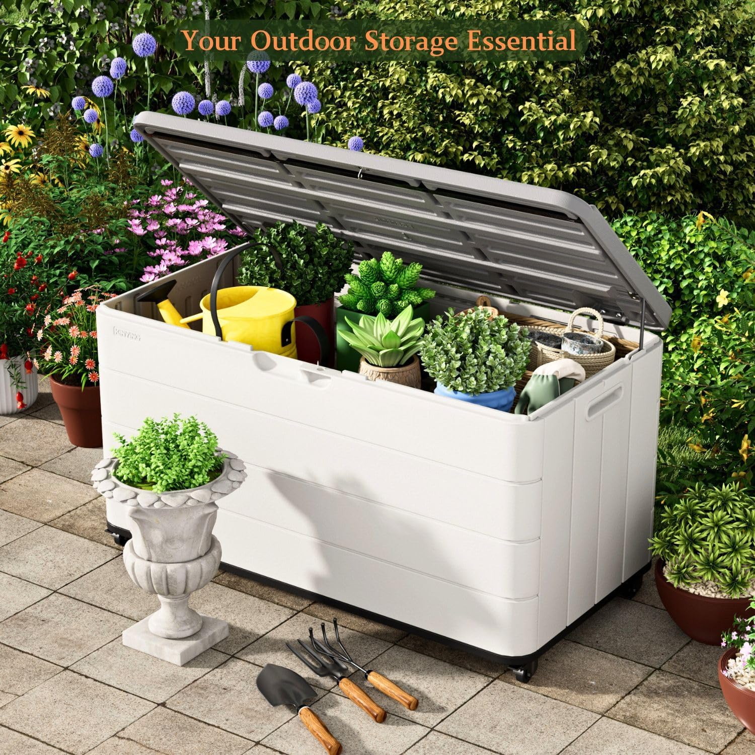 ZZM 110 Gallon Outdoor Deck Box with Wheels, Waterproof Resin Storage Cabinet for Patio