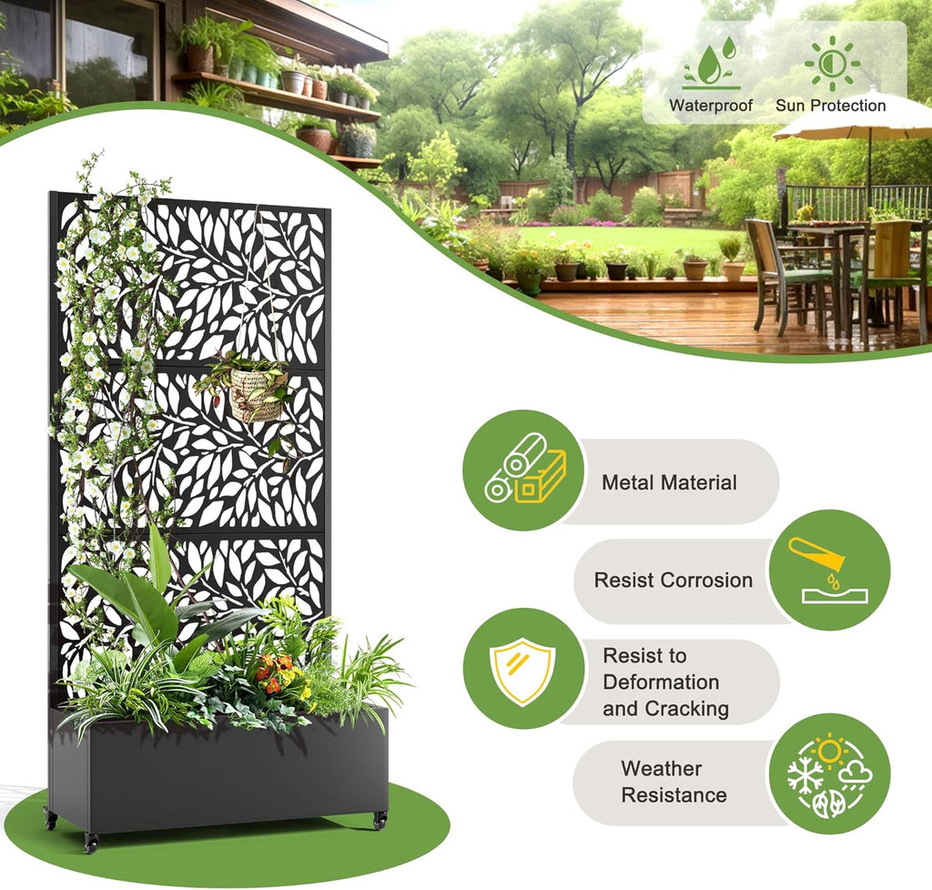 FENCY Metal Raised Garden Bed with Wheels and Trellis,73"x35"x16" Planter Box for Climbing Plants, Vegetables & Vines, Features Privacy Screen and Drainage Holes (Black-Leaf-2)