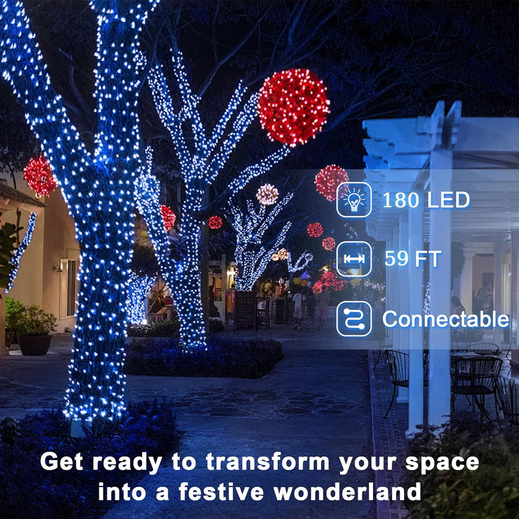 180 LED 59ft Christmas String Lights Indoor Outdoor, 8 Modes Christmas Fairy Lights with Timer & Momory, IP44 Waterproof Christmas Tree Lights for Xmas Patio Yard Fence Balcony Garden (Blue)