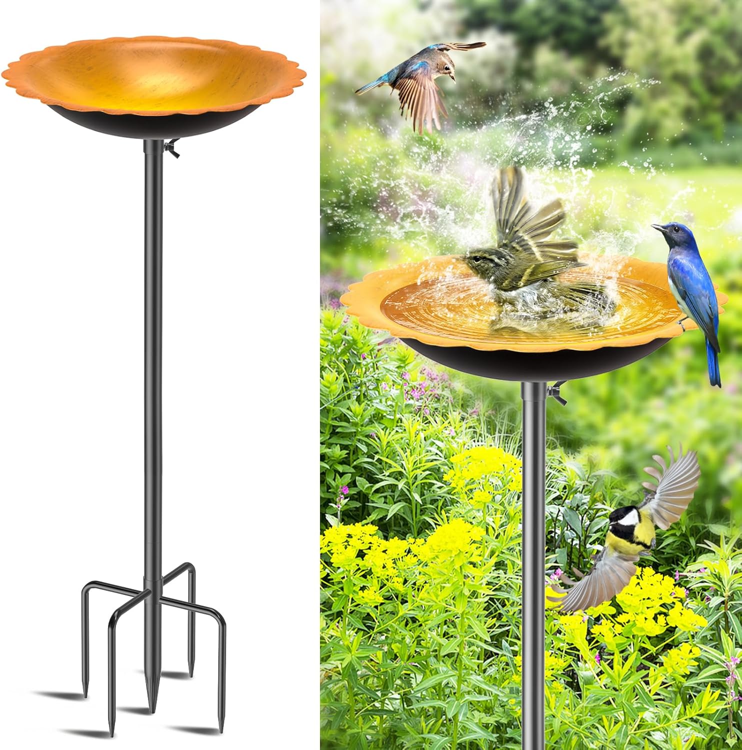 MeyRoliz Metal Bird Bath for Outside, Detachable Birdbath Birdfeeder Bowl, Freestanding Birdfeeders Bird Bath Bowl for Garden (Orange)