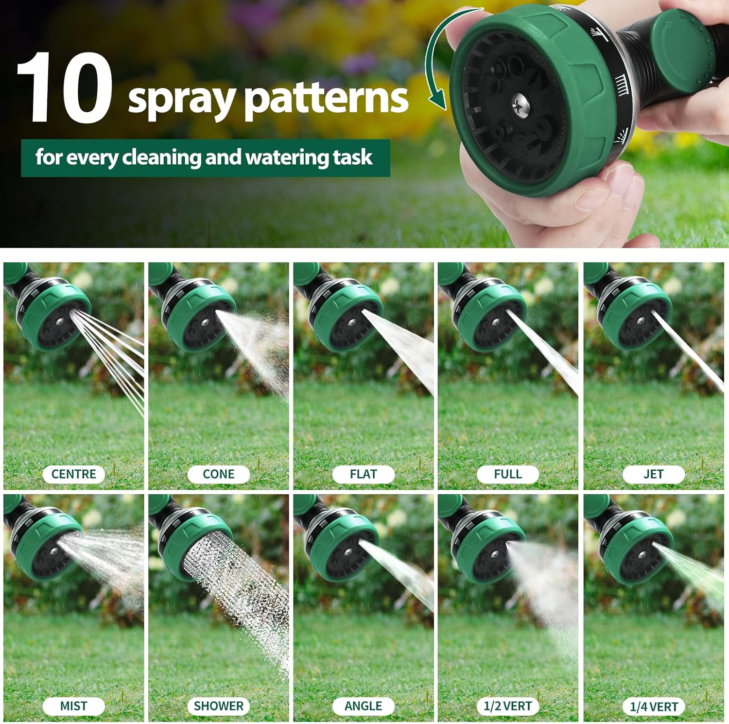 Telescoping Watering Wand for Garden Hose, 36”-54” Adjustable, 10 Spray Patterns, Heavy-Duty Hose Nozzle with Thumb Control & Pivoting Head, Ideal for Hanging Baskets and Shrubs, Green