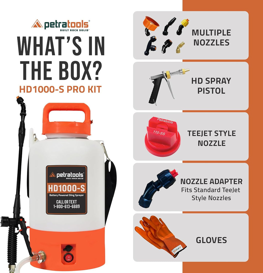 PetraTools Battery Powered Sprayer 1 Gallon - HD1000-S - Heavy Duty Electric Sprayers in Lawn and Garden for Weed/Pest Control, Watering & More - with 8 Nozzles & Strap (1 Gallon ProKit)