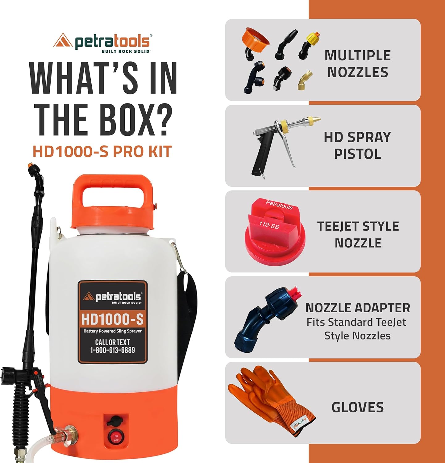 PetraTools Battery Powered Sprayer 1 Gallon - HD1000-S - Heavy Duty Electric Sprayers in Lawn and Garden for Weed/Pest Control, Watering & More - with 8 Nozzles & Strap (1 Gallon ProKit)