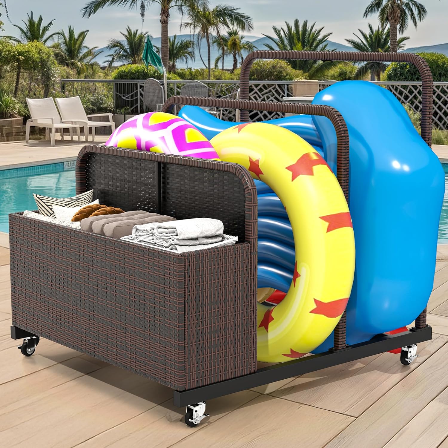 DWVO Pool Float Storage, Pool Storage Bin with PE Rattan,Pool Storage for cushions, Floaties, Noodles, Life Vests, Beach Balls, Patio Furniture (Brown)