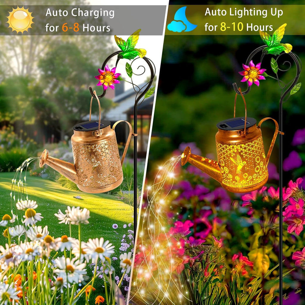 Hummingbird Solar Lights Outdoor Waterproof, Solar Watering Can Lights with Shepherd Hook, Metal Hanging Lantern Garden Decor Yard Outside Patio Lawn, Gifts for Mom Grandma Women Birthday