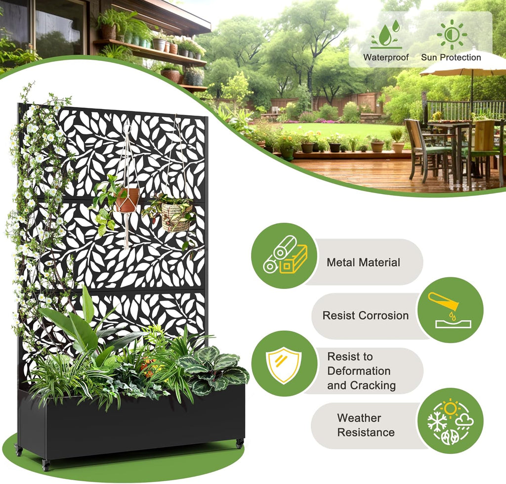 FENCY Metal Raised Garden Bed with Wheels and Trellis,73"x47"x16" Planter Box for Climbing Plants, Vegetables & Vines, Features Privacy Screen and Drainage Holes (Black-Leaf-2)