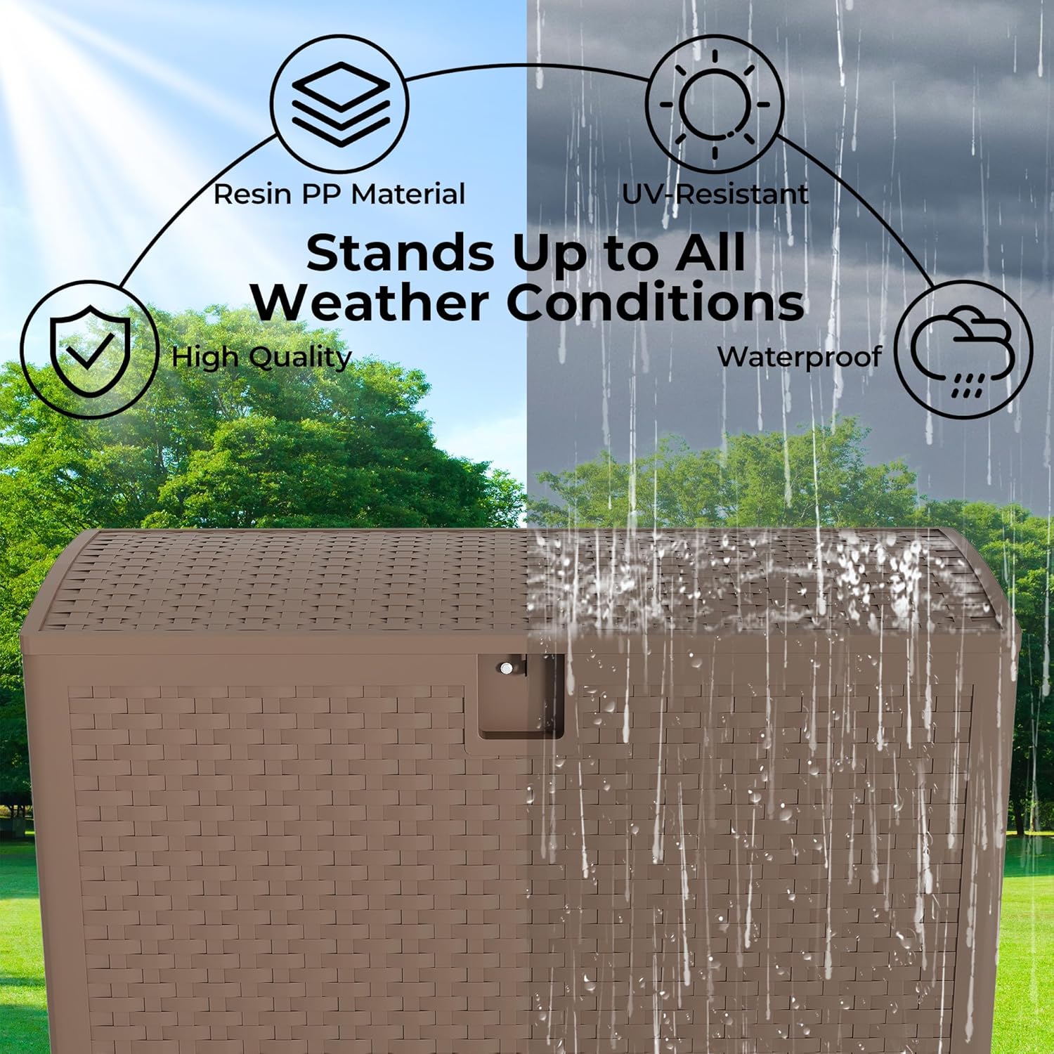 99Gallon Brown Resin Deck Box, Outdoor Storage Box Waterproof Lockable, Patio Deck Box For Package Delivery, Outside Storage Box Container for Furniture Cushions, Garden Tools, Pool Accessories