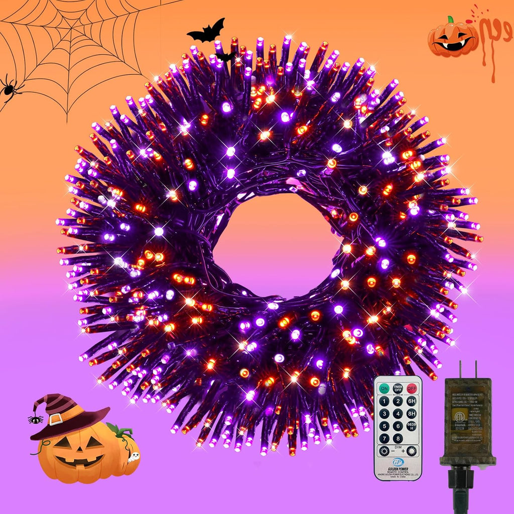 500 LED Orange and Purple Halloween Lights Plug in, Dimmable Twinkle Lights with Remote 8 Modes and Timer, 25FT Waterproof Fairy String Light for Indoor Outdoor Horror Party Tree Decorations