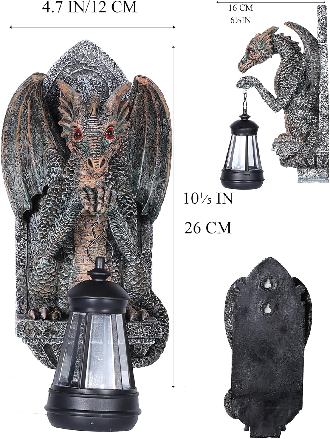 Dragon Statue Solar Lantern for Garden Décor, Dragons Figurine Night Light, 10”Outdoor Decorative Lamp, Mountable on Trees/Walls/Fences. Birthday/Housewarming Gifts for Dragon Fans (Antique Bronze)