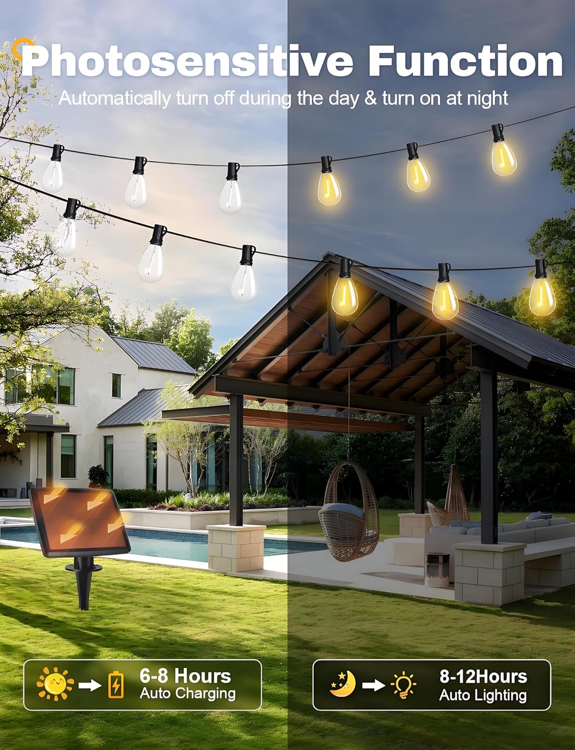 Tenmiro 60FT Solar String Lights Outdoor with Remote and 16+2 LED Shatterproof Bulbs Dimmable & Timing 3 Light Modes Solar Patio String Lights for Cafe, Garden, Deck, Outside Wedding Last for 10+Hrs