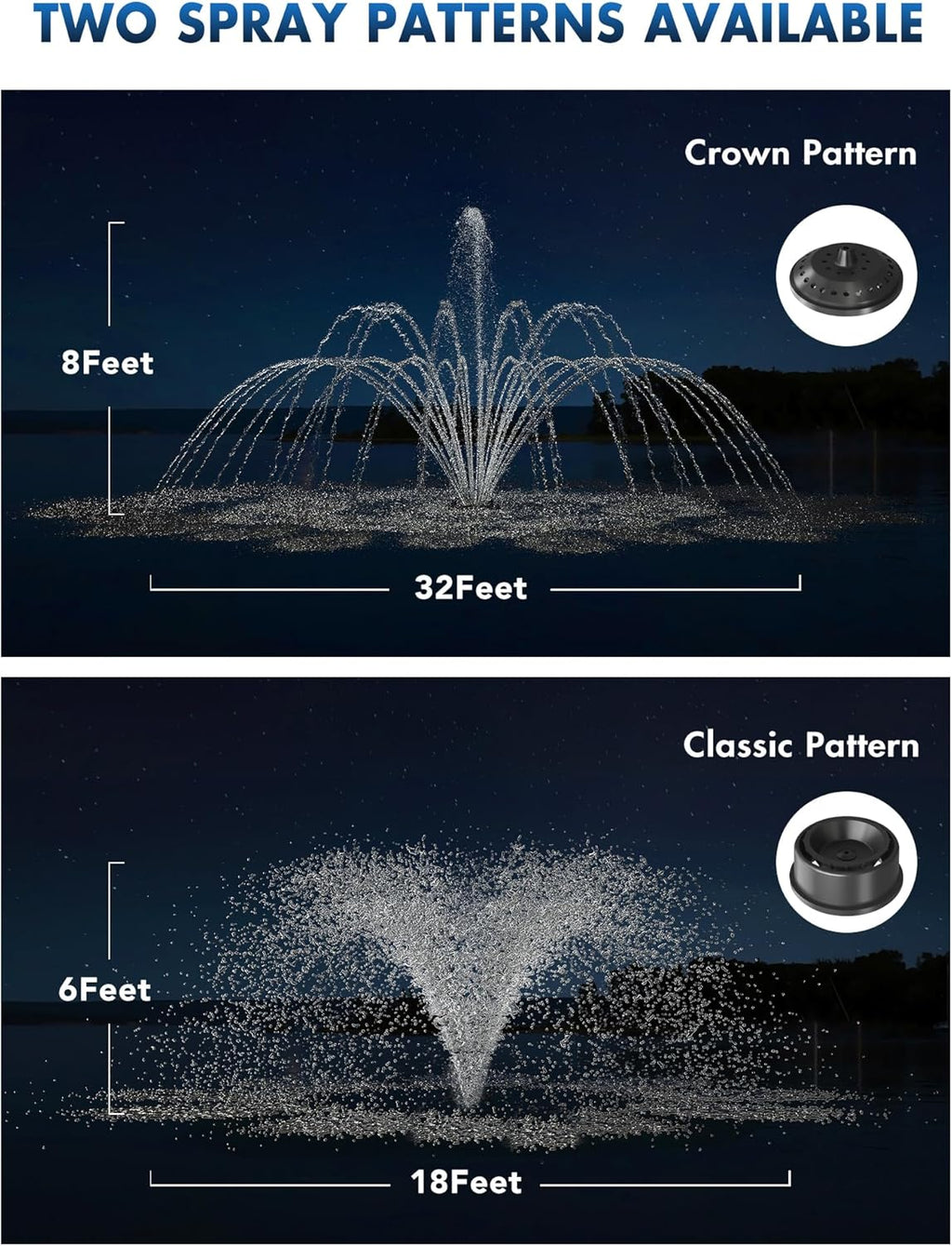 HQUA FS01 120V, 1/2HP, Large Pond Floating Fountain with FSL01 LED RGB Color-Changing Light Sets, 100’ cord, 13000 GPH, Two spray patterns 32'x12' and 18'x6'