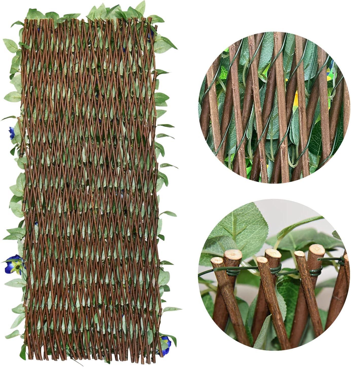 Expandable Fence Privacy Screen for Balcony Patio Outdoor,Decorative Faux Ivy Fencing Panel,Artificial Hedges (Single Sided Leaves) (1, Blue Flowers)