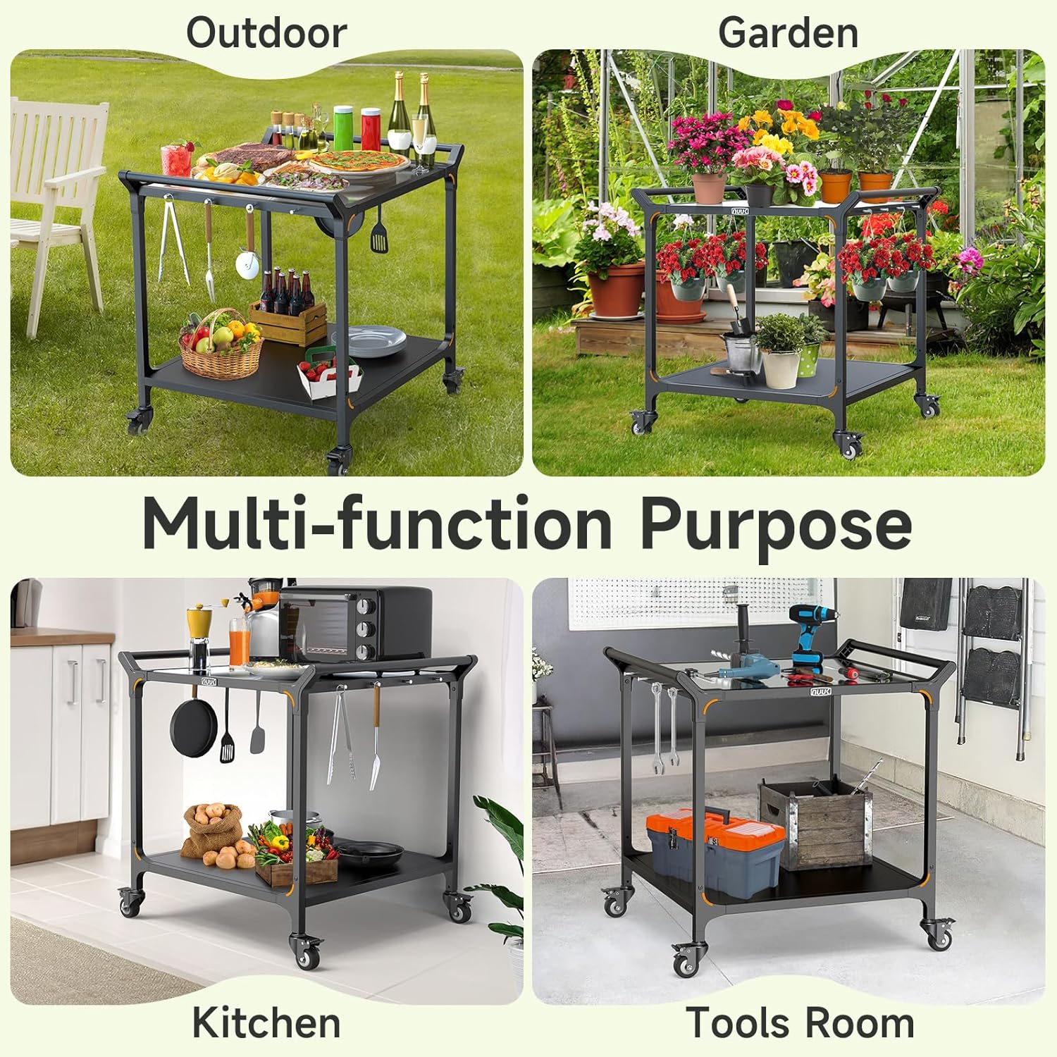 NUUK Grill Cart for Outdoor 32" x 32" Stainless Steel Pizza Oven Table with Double-Shelf Rolling BBQ Kitchen Food Prep Cart for Garden Patio