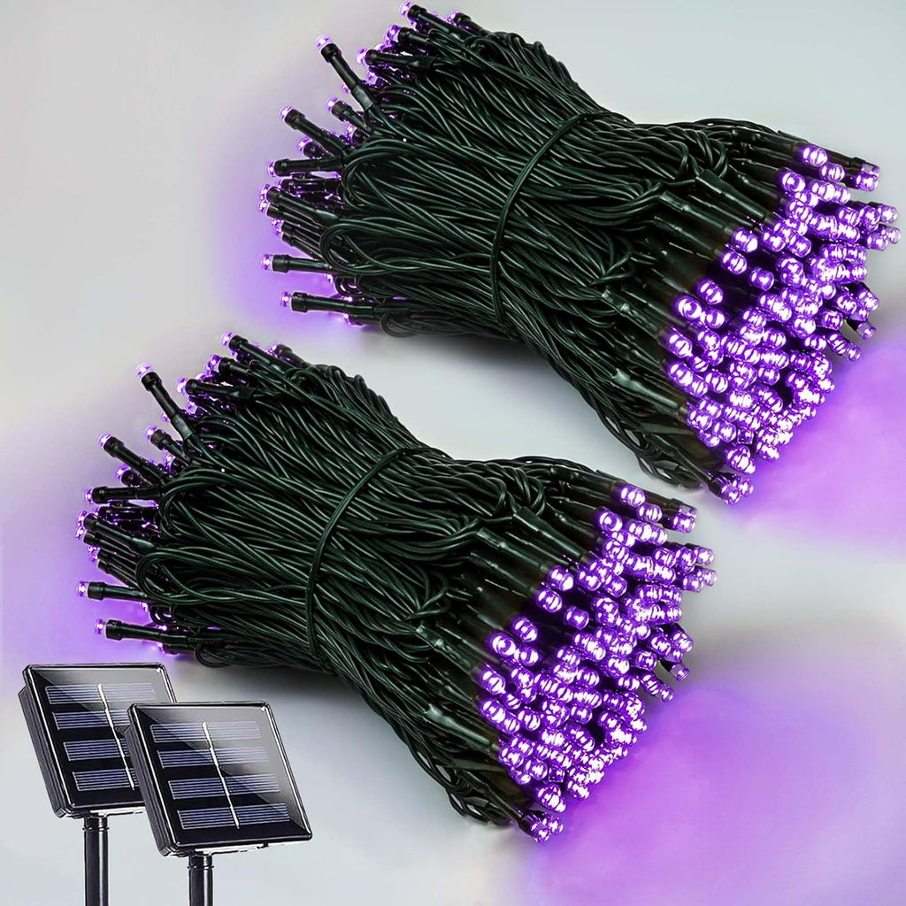 EEW 2 Pack 200 LED Solar Halloween Lights Outdoor Waterproof, Solar String Lights for Outside, Solar Powered Tree Light with 8 Lighting Modes for Xmas Party Garden Yard Halloween Decorations (Purple)