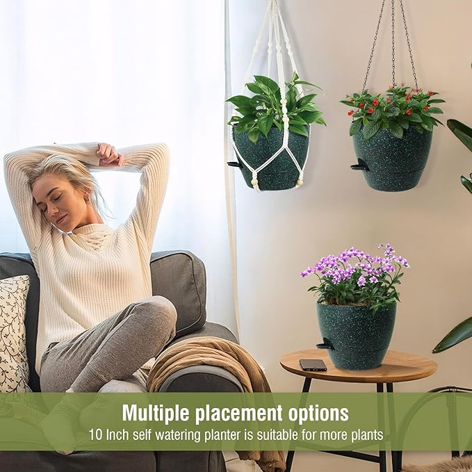 10 inch Self Watering Hanging Planters, 2 Pack Hanging Flower Pots for Indoor Outdoor Plants, Hanging Baskets with Drainage Holes & 2 Kinds of Plant Hangers for Home Decor, Speckled Black