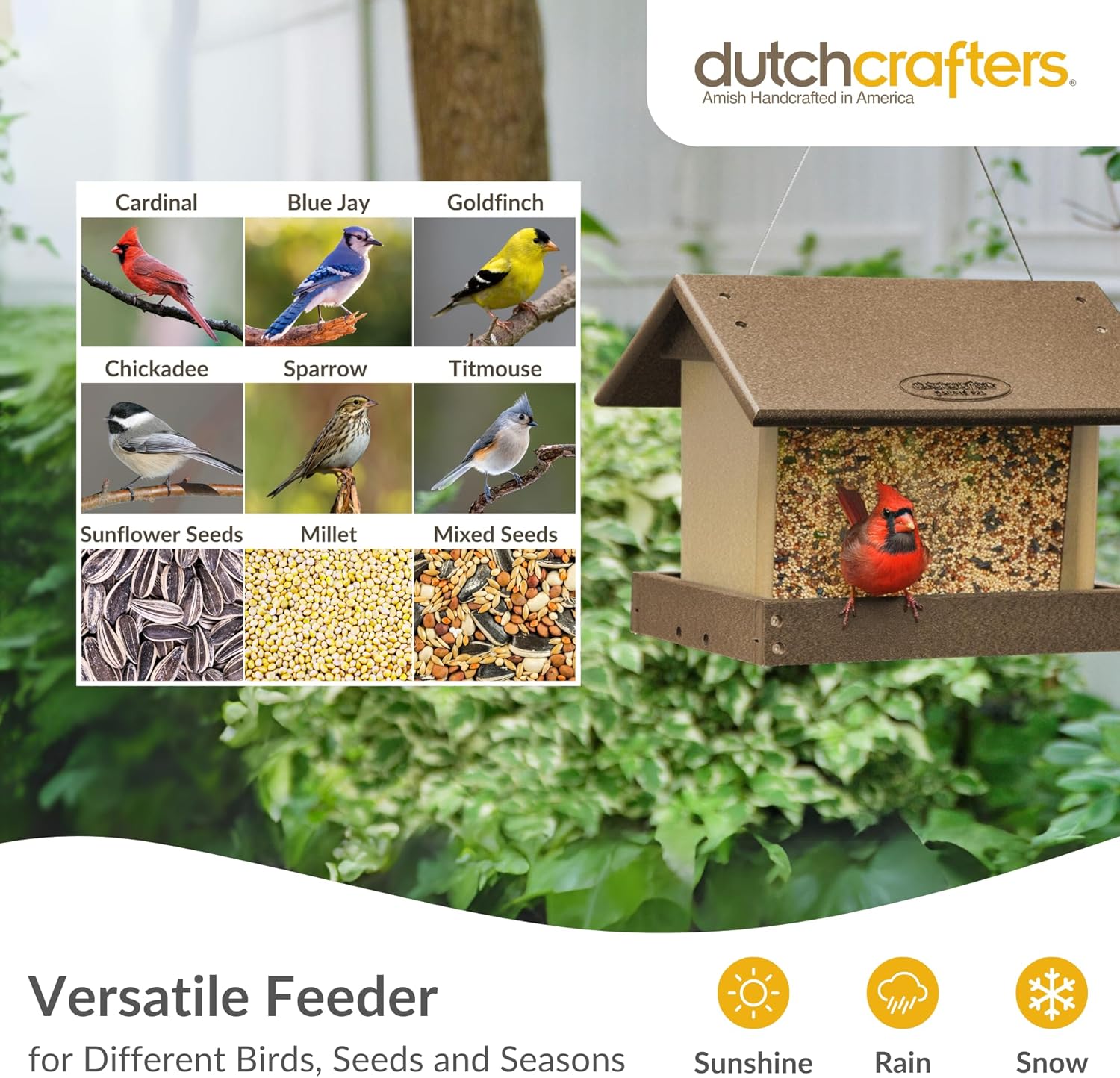 Poly Hanging Hopper Bird Feeder, Large Hanging Bird Feeder for Outside, Outdoors - Amish American Made (Tudor Brown & Weatherwood)