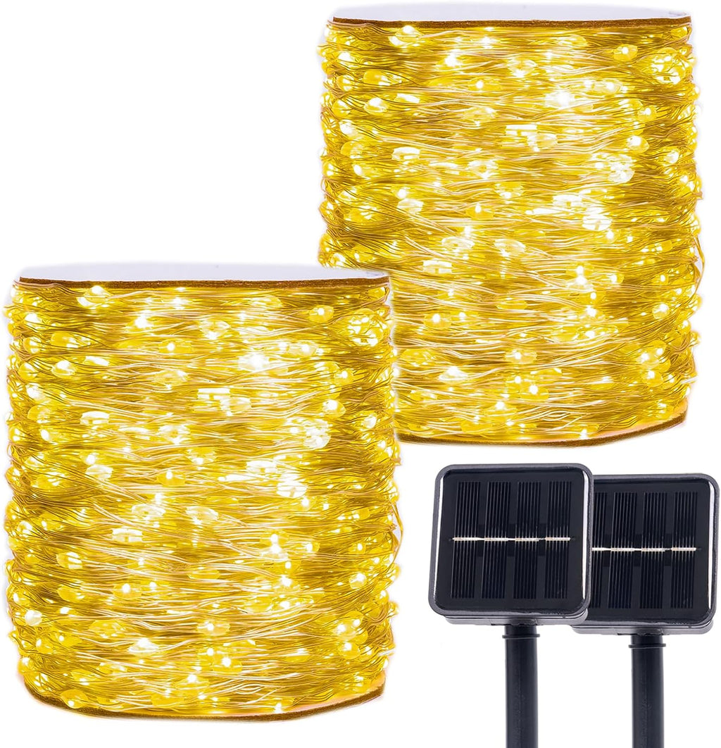 Solar String Lights for Outside,2 Pack 66FT 200 LEDs Solar Fairy Lights,Waterproof 8 Modes Button Outdoor String Light for Patio Garden Backyard Tree Wedding Christmas,Silver Wire,Warm White
