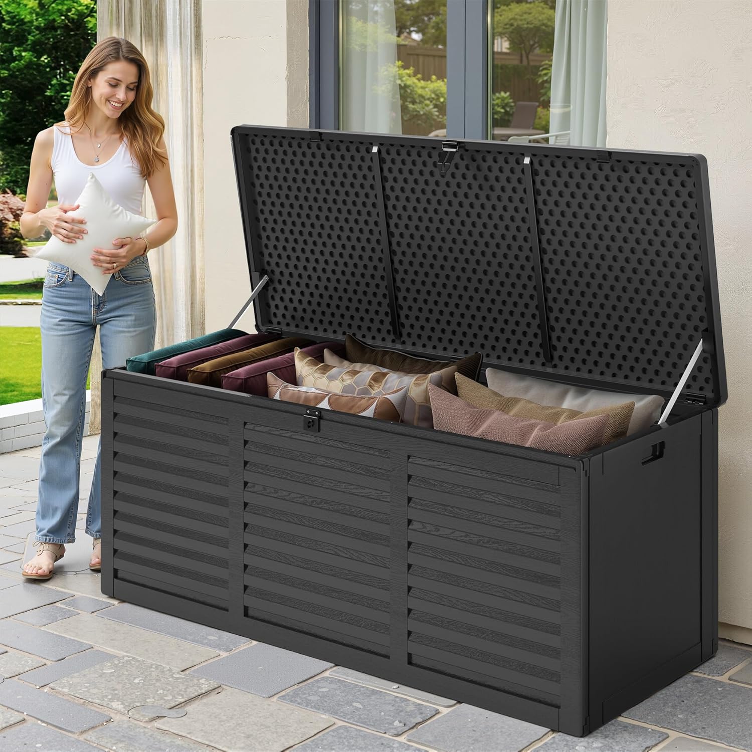 130 Gallon Outdoor Deck Box, Waterproof Resin Box with Lockable Lid, UV-Resistant for Cushions, Garden Tools & Pool Accessories (BLACK), Patio Furniture