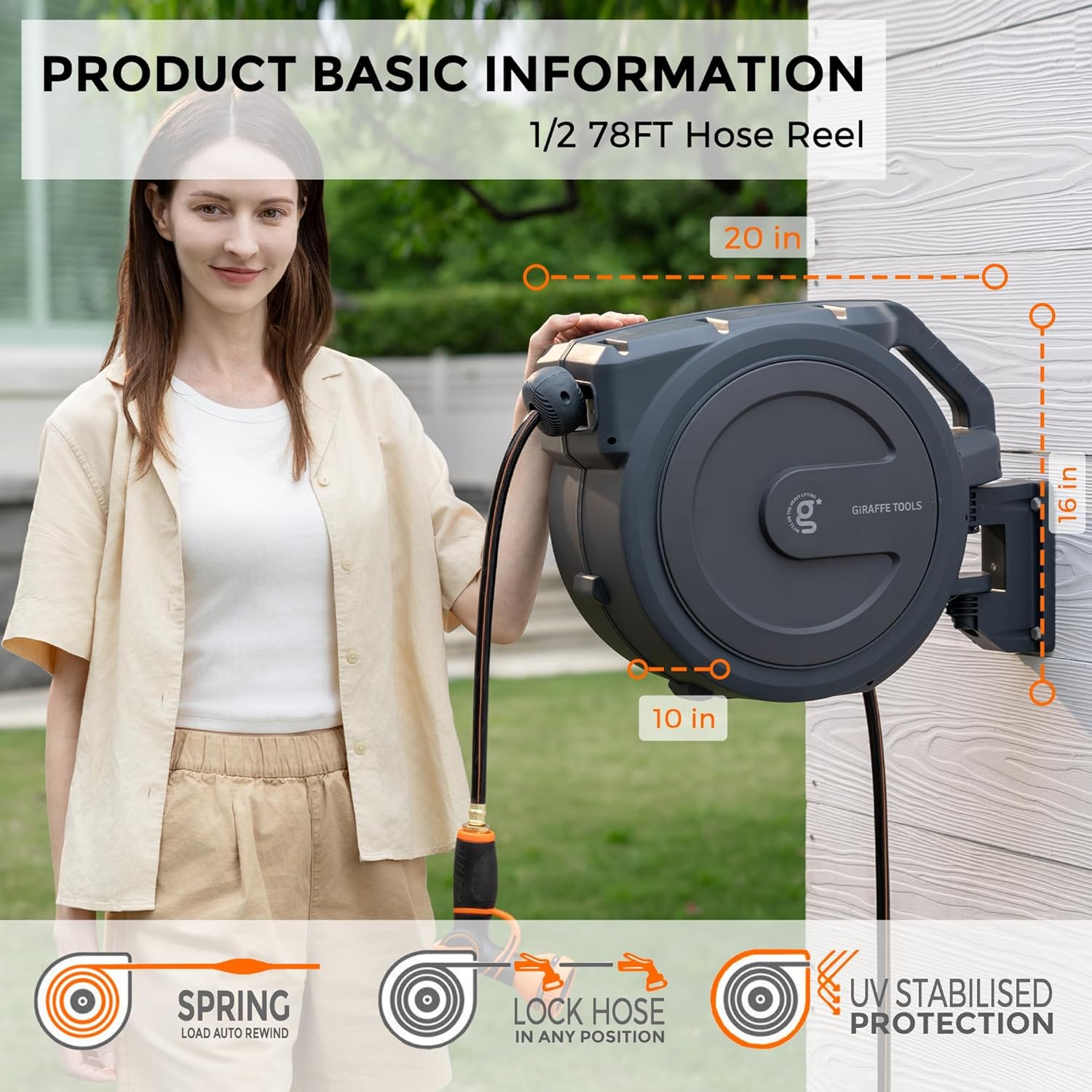 Giraffe Tools Hose Reel 1/2‘’ 78 ft, Heavy Duty Retractable Garden Hose Reel with Any Length Lock, Slow Return System, Wall Mounted and 180 Deg Swivel Bracket