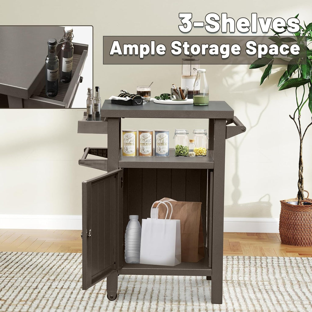 Grill Cart Outdoor with Storage Cabinet, Portable Rolling Patio Bar Cart with Wheels, BBQ Prep Table, Movable Stainless Steel Kitchen Island Dining Cart for Food/Drink/Cooking -Brown