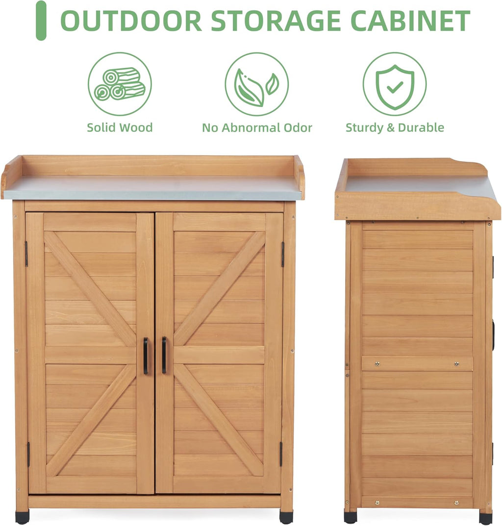Potting Bench with Storage Cabinet and Metal Table Top for Outdoor Patio, Garden Furniture Wood Workstation (Light Brown, 31.5x17x39)