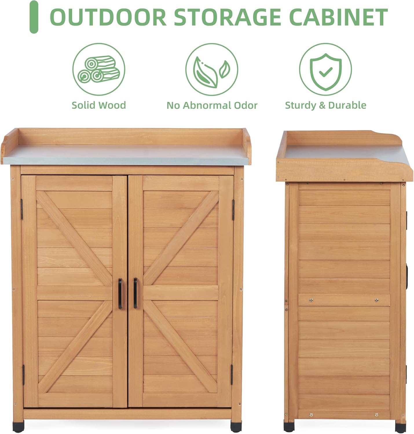 Potting Bench with Storage Cabinet and Metal Table Top for Outdoor Patio, Garden Furniture Wood Workstation (Light Brown, 31.5x17x39)