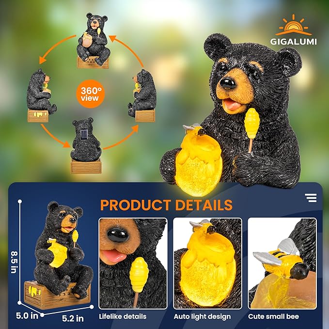GIGALUMI Solar Garden Statues Outdoor Gifts for Women, Mom, Grandma, Cute Bear Figurine Christmas Housewarming Birthday Gifts, Garden Statues Decoration for Outside Yard, Patio, Balcony, Lawn, Pond
