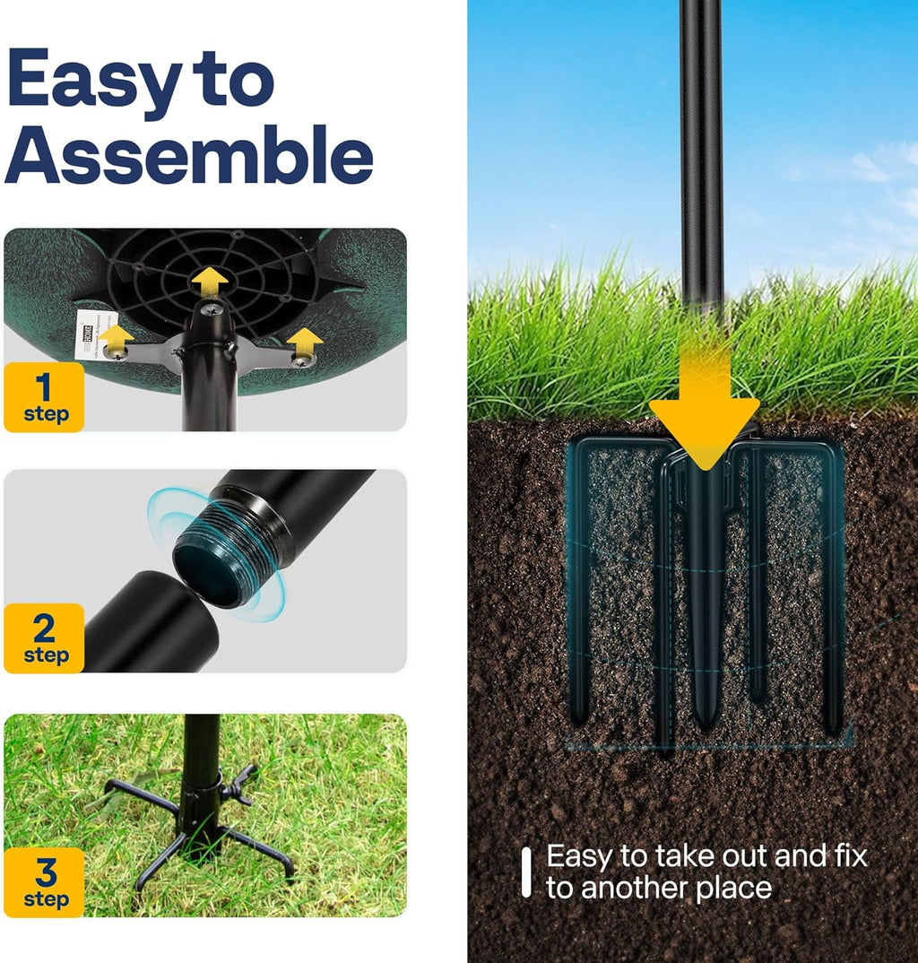 VIVOHOME Polyresin Bird Bath Bowl with Solar Fountain, 29 Inch Height Outdoor Freestanding Birdfeeder with Metal Stake, Capacity 1.4 Gallons, 5-Pronged Base, Green